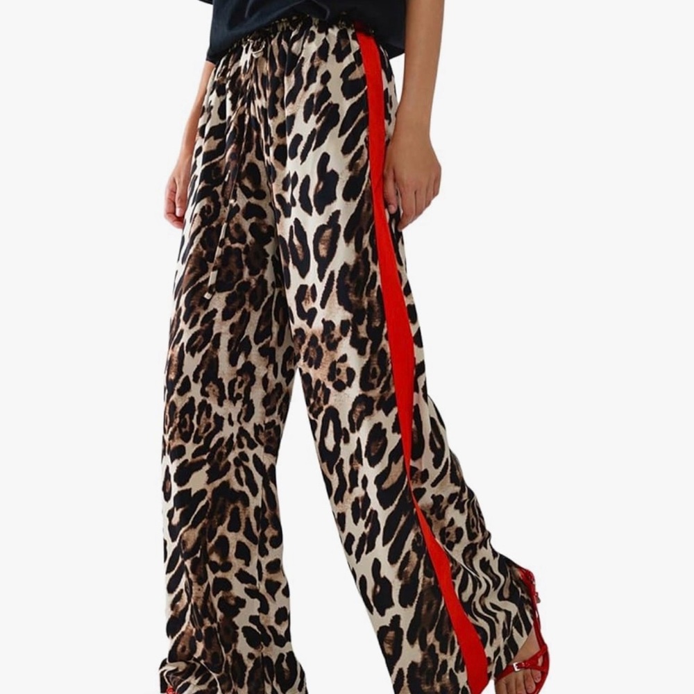 Viral Leopard Print Wide-Leg Pants with Red Stripe